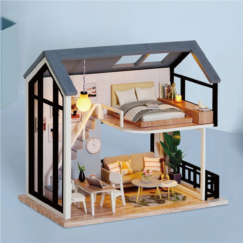 

DIY Miniature Wooden Dollhouse Mini Roombox Doll House Loft Building Kits Villa Model with Furniture LED Light for Birthday Gift