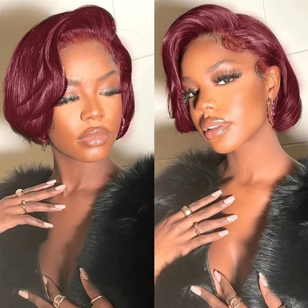 

99J 13x4 Lace Frontal Wig Brazilian Remy Human Hair Wigs For Women Ginger Brown Pixie Cut Straight Preplucked Hairline Short Bob