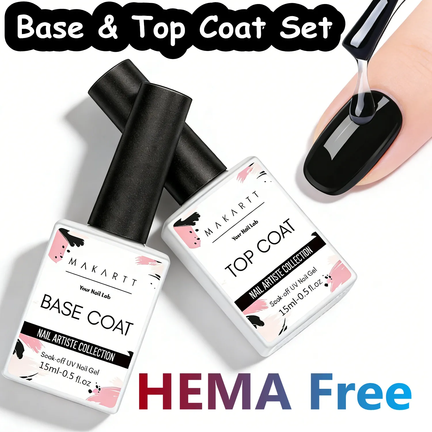 

Набор гель-лаков Makartt Hema Free: база и топ-покрытие без липкого слоя, смываемые, для УФ/LED-ламп, стойкость 21+ дней, глянцевый финиш, качество салонного уровня