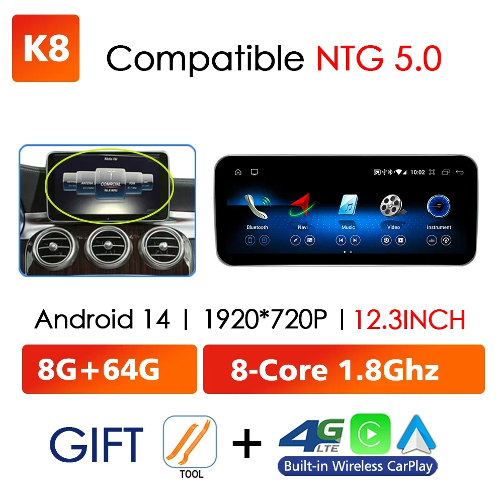 Android 14 Draadloze CarPlay voor Mercedes Benz C-Klasse W205 GLC X253 2014-2018 Autoscherm Radio Multimedia Navigatie GPS 4G WiFi