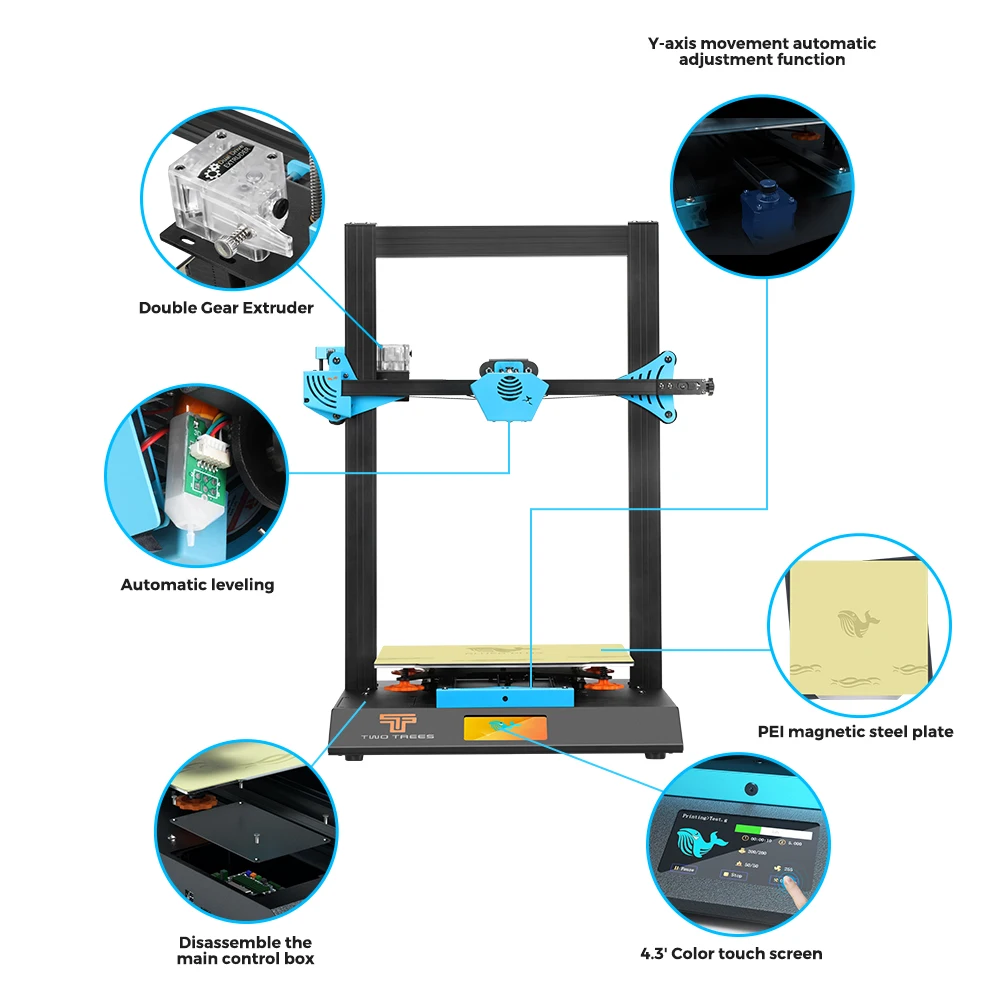 Imagem -02 - Twotrees Blu5 Impressora 3d Faça Você Mesmo Pei Magnético Tmc2209 Atualização 3d Touch 4.3 Polegada Tela Retomar Falha de Energia Dupla Eixo z Bluer Mais