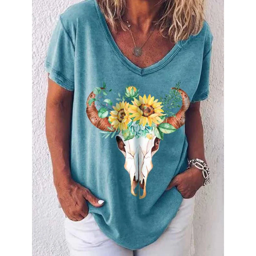 Vintage Floral Women\'s T Shirt V Neck Top Daily Blouse Oversized Pullover Tees Summer Harajuku Clothes Female Loose Short Sleeve