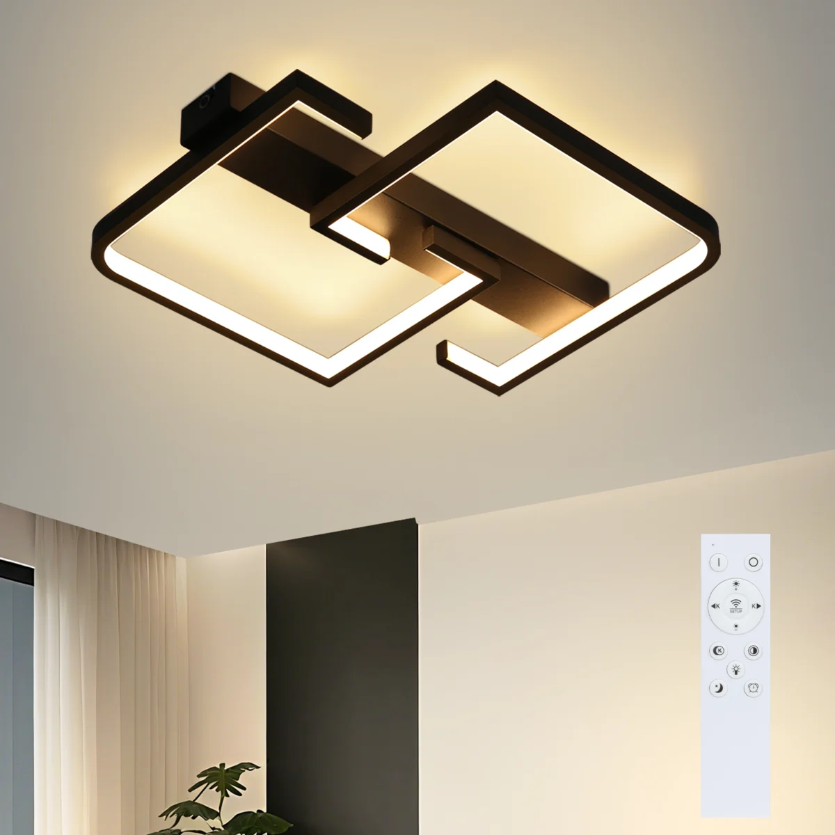 Moderne schwarze LED-Deckenleuchte 35W/45W, dimmbar mit Fernbedienung, 3000K-6500K, doppeltes rechteckiges konkaves Design, blendfreier, augenschonender Metallkörper, hohe Lichtdurchlässigkeit,