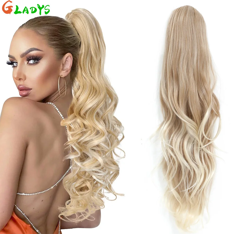 

Blonde Color Drawstring Ponytail Synthetic Hair Extension Ombre Body Wave High Temperature Fiber 28 Inch PonyTail Hair Extension