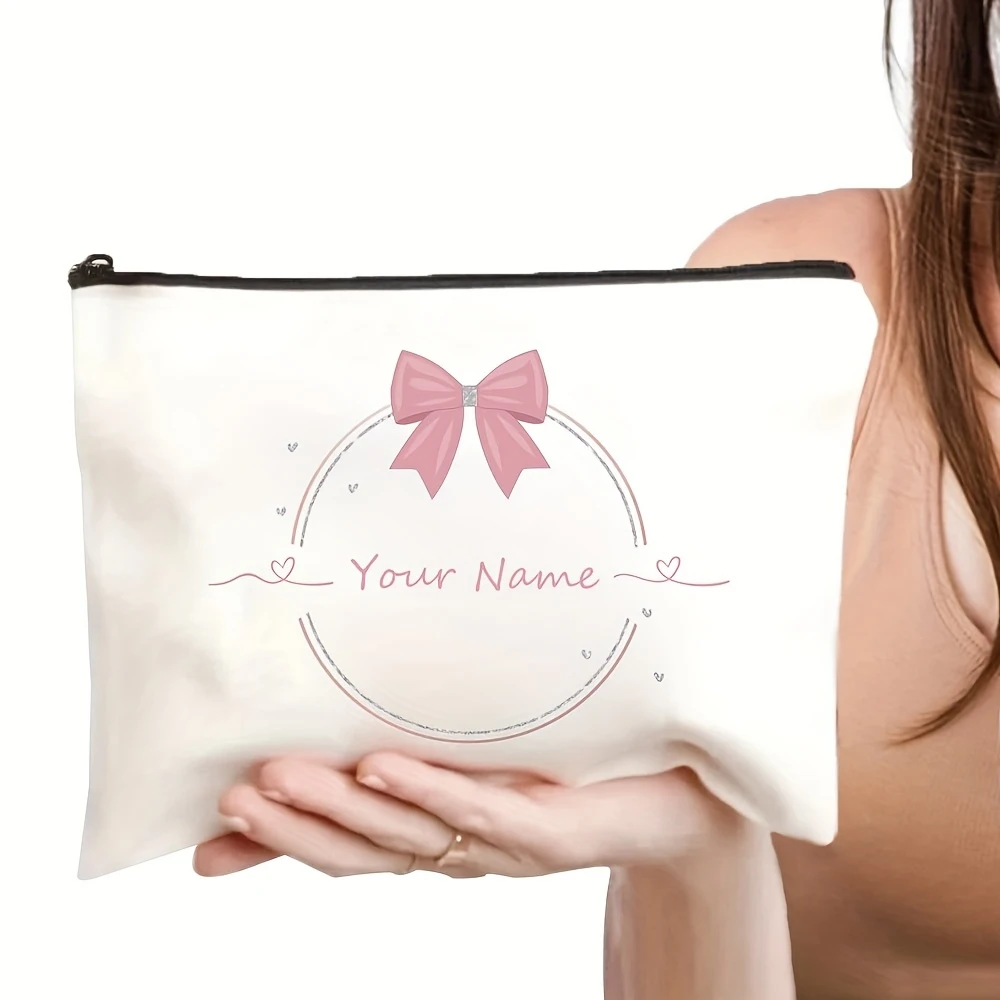 Custom Pink Bow Heart Makeup Bag Minimalist Foldable Light Large Storage For Medicine Travel Party Shopping Pouch