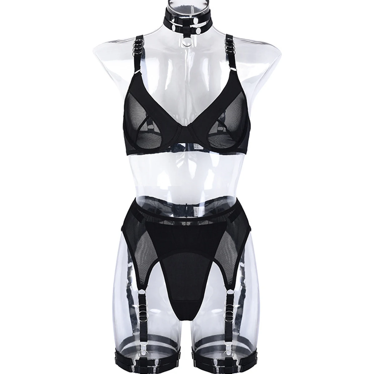 Spicy Girl\'s 5-Piece Patchwork Mesh Lingerie Set Garter Kit with Choker Eco-Friendly Packing