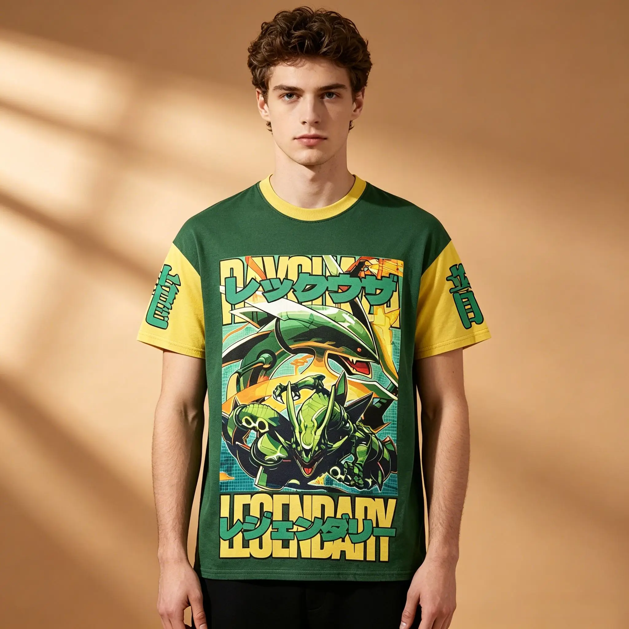 Herren-T-Shirt mit Pokemon Rayquaza, legendärem Anime-Motiv, japanischem Text, Raglanärmeln und Rundhalsausschnitt, grün-gelb, Vintage Otaku Streetwear Shor