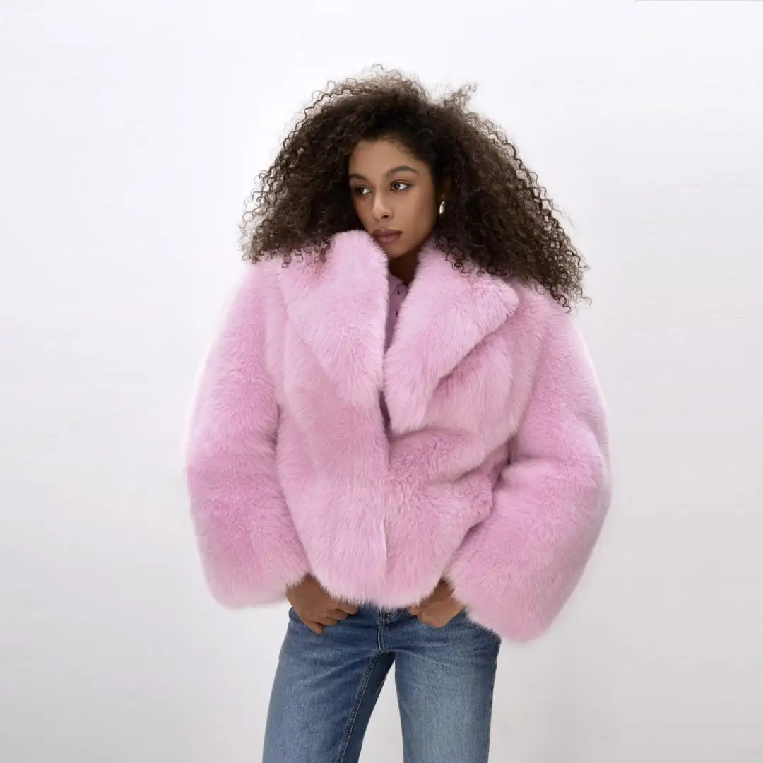 Light Pink Natural Fox Fur Jacket with Turn-down Collar Higt Street Woman Genuine Fox Fur Coat Wholeskin Fur Overcoats Luxury