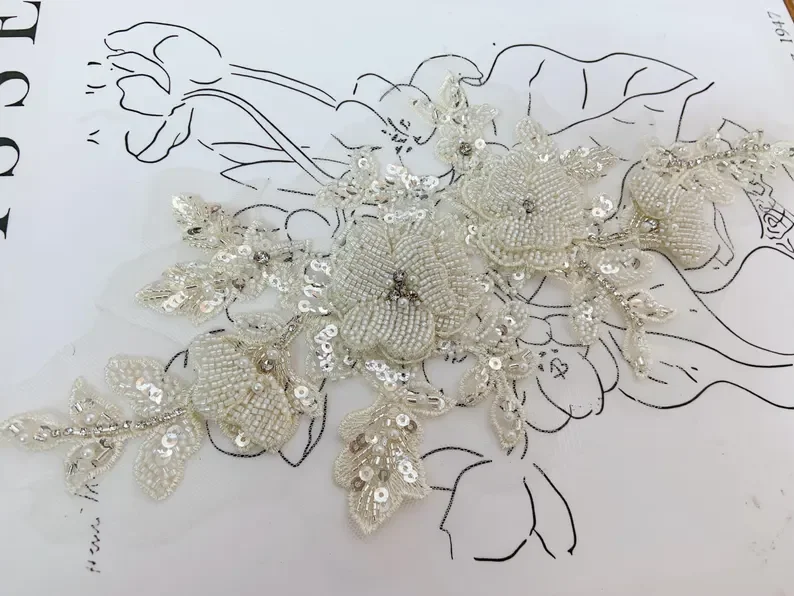 

Beige bead florals patch for dress, costume, handmade flower appliqué for wedding dress, ball gown