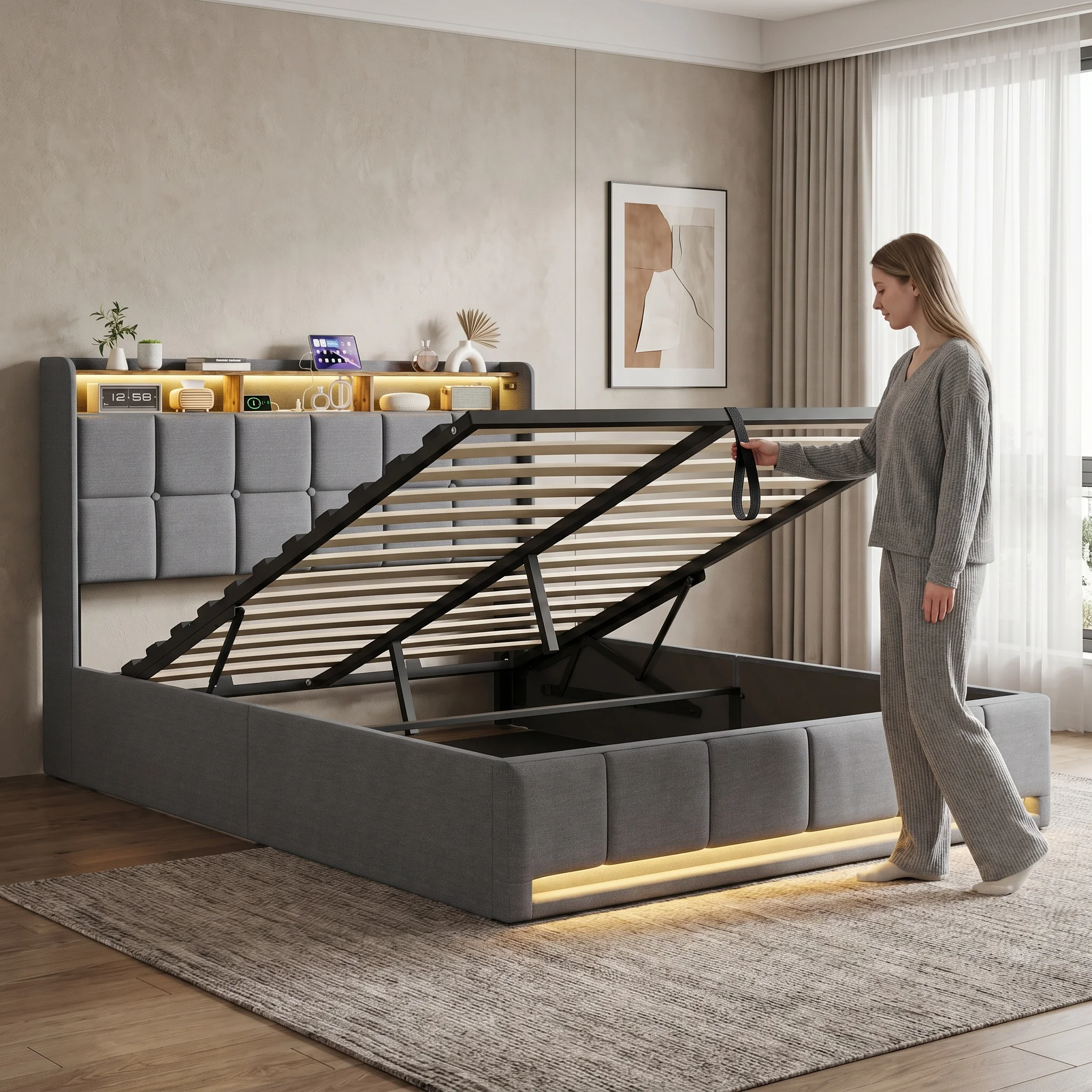 Cama Doble Anajqaqia, Cama Juvenil 140 x 200 cm, Cama con Almacenamiento Hidráulico y Somier de Láminas, con LED y USB, Cama Tapizada, Lino, Gris