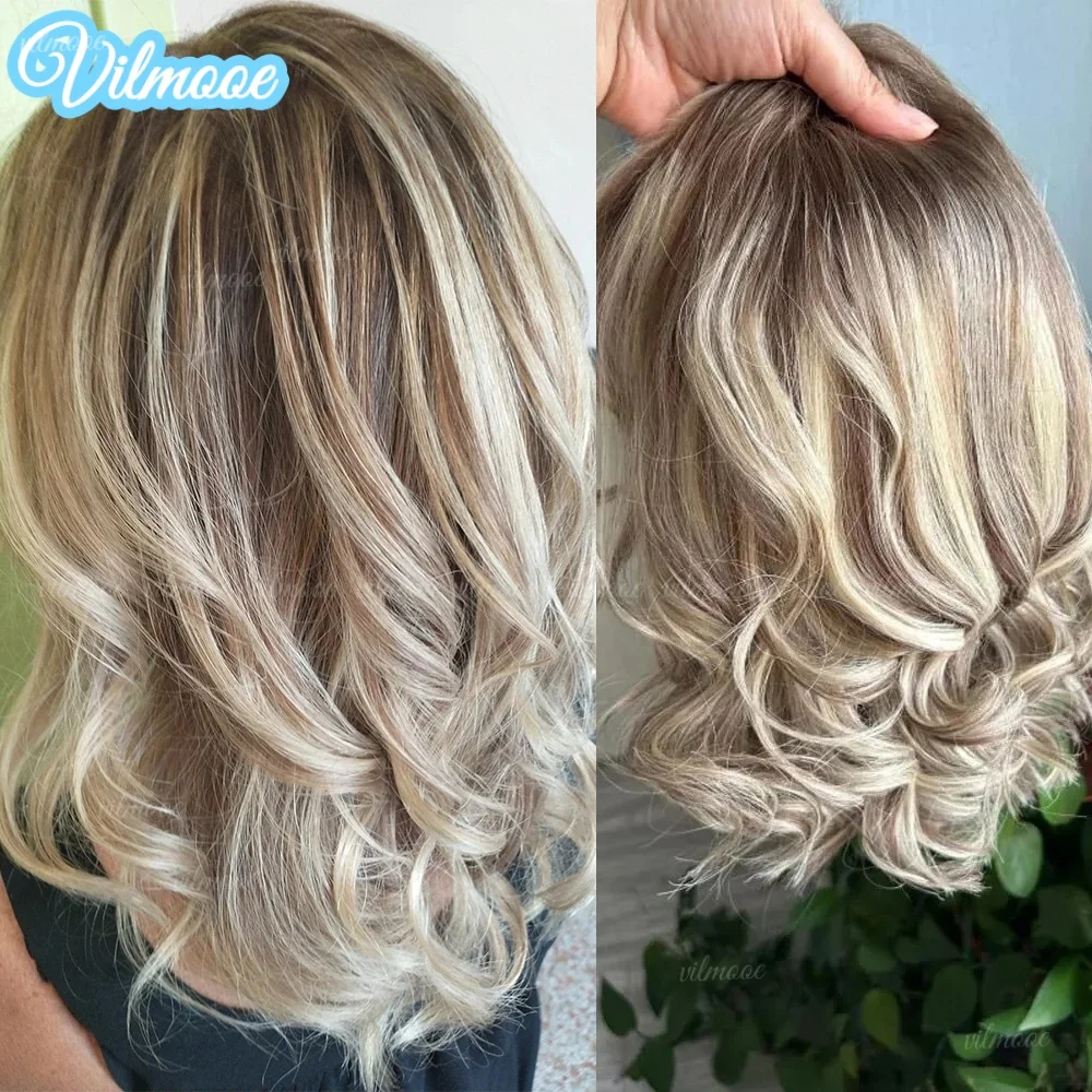 

Бесшовные короткие парики-боб из натуральных волос с волнистыми прядями, коричневые с светло-русым оттенком, с эффектом хайлайт, полностью на кружевной основе, 13x4, с детским эффектом волосков