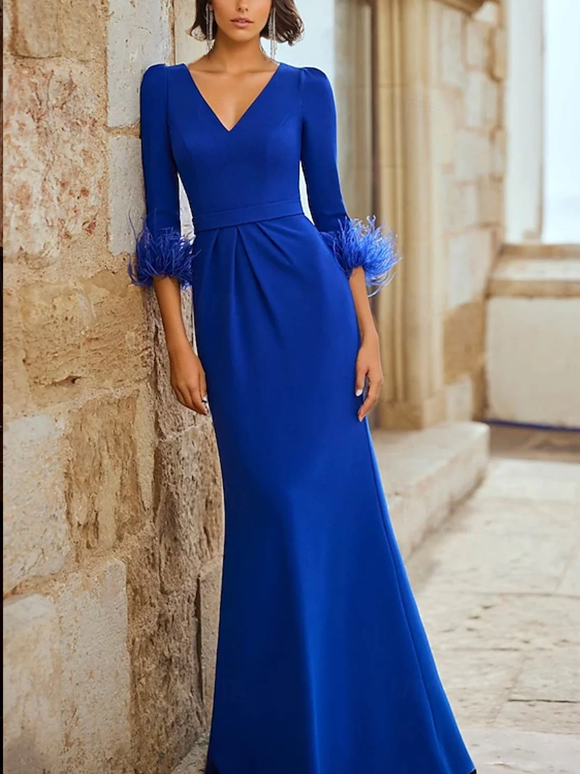 فستان سهرة أنيق عتيق على شكل حرف A ورقبة على شكل V وأكمام طويلة من القماش المطاطي بطول الأرض فستان زفاف الضيوف 2025 مخصص مجاني #1