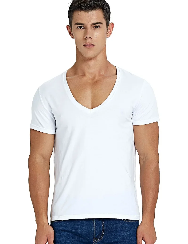 T-shirt męski z głębokim dekoltem w szpic i krótkim rękawem z bawełny w stylu casual — zdjęcie 2