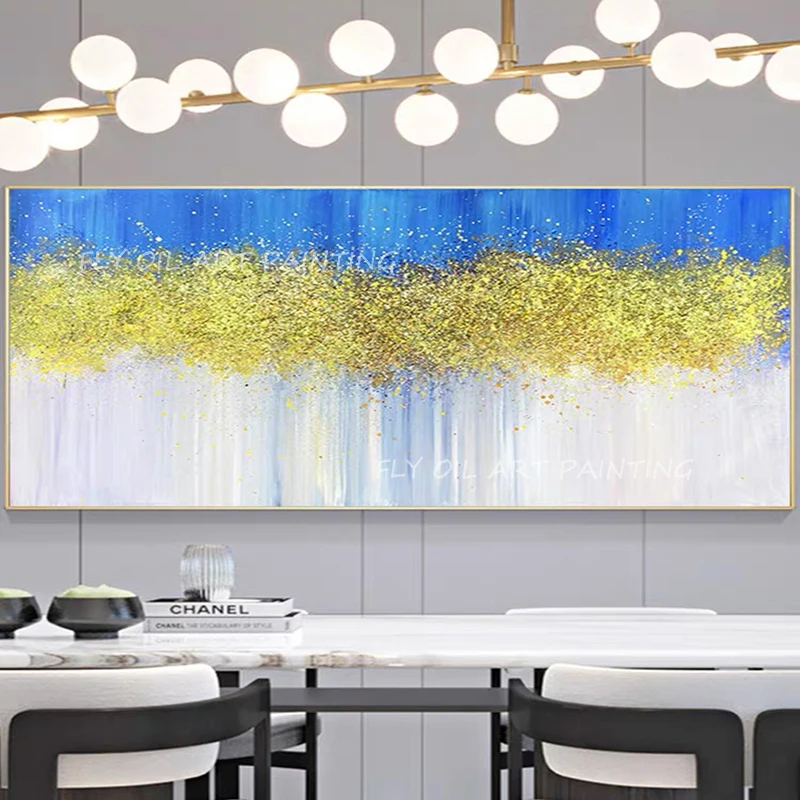 

Hand-painted gold foil blue and grey canvas luxury picture handmade texture Oil Paintings Corridor Picture For Home Decor