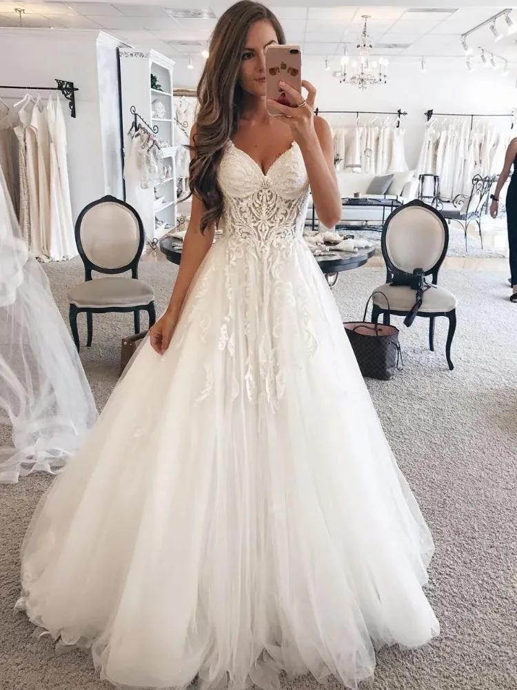 Boho V-neck Wedding Dress Spaghetti Straps Appliques Floor Length A-line Bridal Gown Vestido De Novia