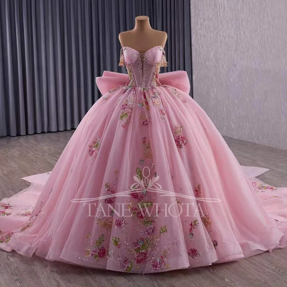 

Милое платье 15, платье Quinceanera, розовое бальное платье с открытыми плечами, кружевное платье принцессы Vestidos XV Quinceañera