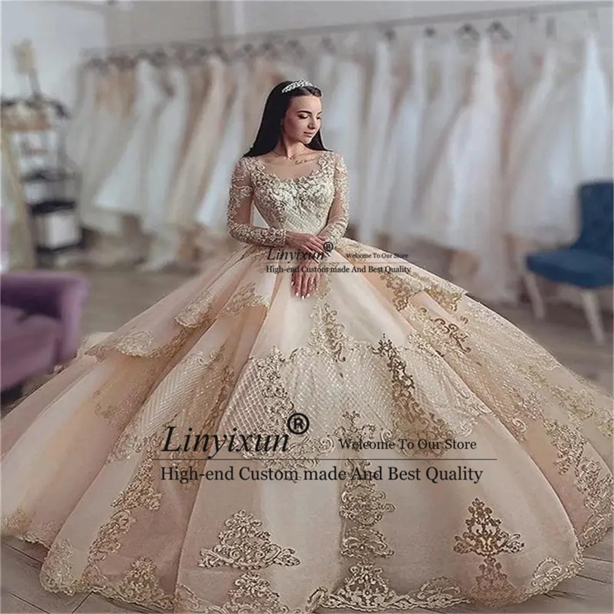 Luxury Champagne Quinceanera Dresses With Lace Appliqued Crystal Ball Gown Sweet 16 Dress Customized Vestido De VX 15 Anos