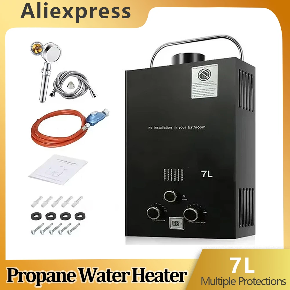 7L Portable Water Heater Propane Water Heater Outdoors Tankless Water Heater Gas Multiple Protections for RV Cabin Barn Camping