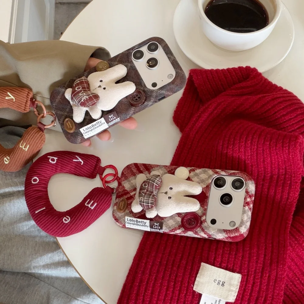 

Fashion creative plaid 3D bunny phone case for iPhone 17 16 ProMax13 14 15 Pro fundas England style shock-proof protective cover