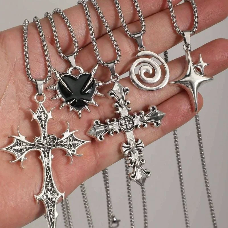 5Pcs Gothic pendant necklace set, spiky retro cross spiral vortex four corner star pendant necklace, aesthetic jewelry