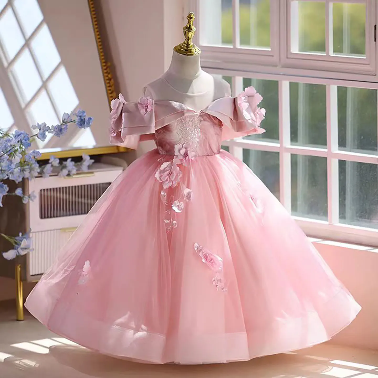 Dreamy Vow D048 Grazioso abito lungo da ragazza di fiore rosa in tulle con spalle scoperte per occasioni speciali Festa serale di nozze
