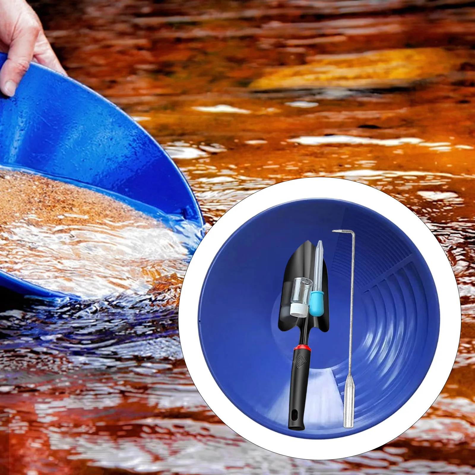 Deluxe Gold Panning Kit with 35cm Blue Pan Hand Trowel & Hook Tool Complete Set for Professional Mining Outdoor Fun for Beginner