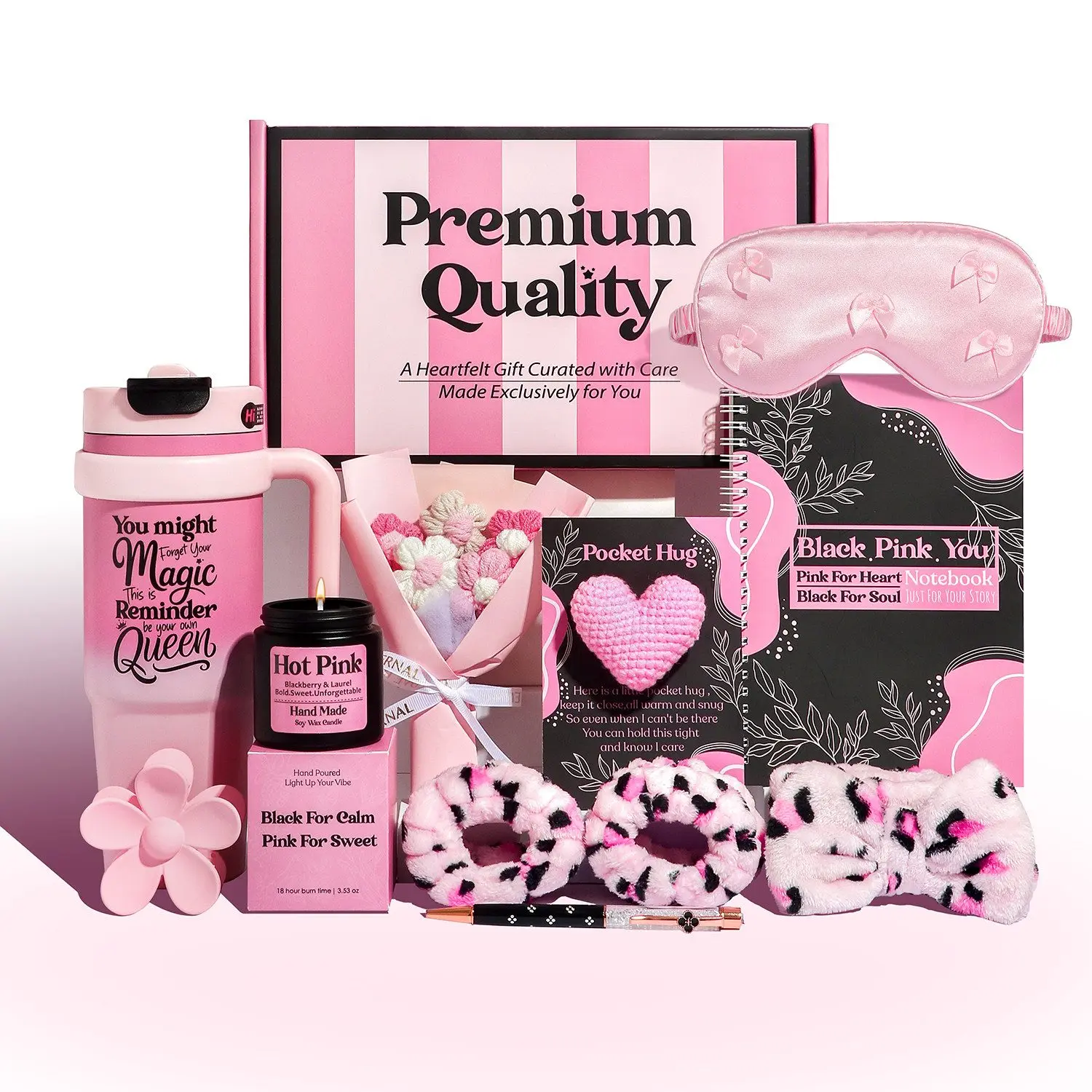 Cadeauset voor vrouwen: luxe welness-cadeaubox met thermosbeker, geurkaars, slaapmasker, notitieboek, gehaakte bloemen, haarbandjes, haarclip, wenskaart. Cadeau voor vriendin, moeder, verjaardag,