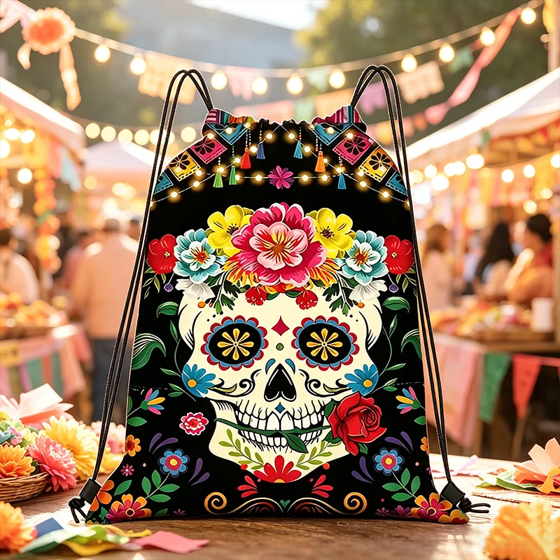 1PC Colorful Sugar Skull Drawstring Bag - Dia De Los Muertos Skeleton Sackpack for Halloween, Rave & Gift