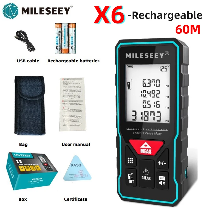 Mileseey X6 Rechargeable Laser Distance Meter, Rangefinder Trena Tape Range Finder Build Measure Device Tool for Construction