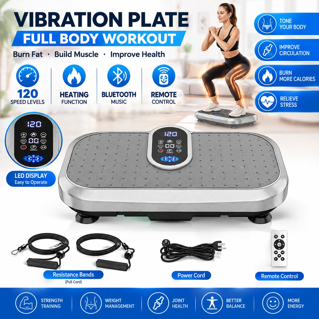 Vibrationsplatte, Trainingsgerät mit 120 Geschwindigkeitsstufen, LED-Anzeige, Bluetooth-Funktion, Heizfunktion und Fernbedienung, Widerstandsbänder, Ganzkörpertraining, Fitnessgerät für den