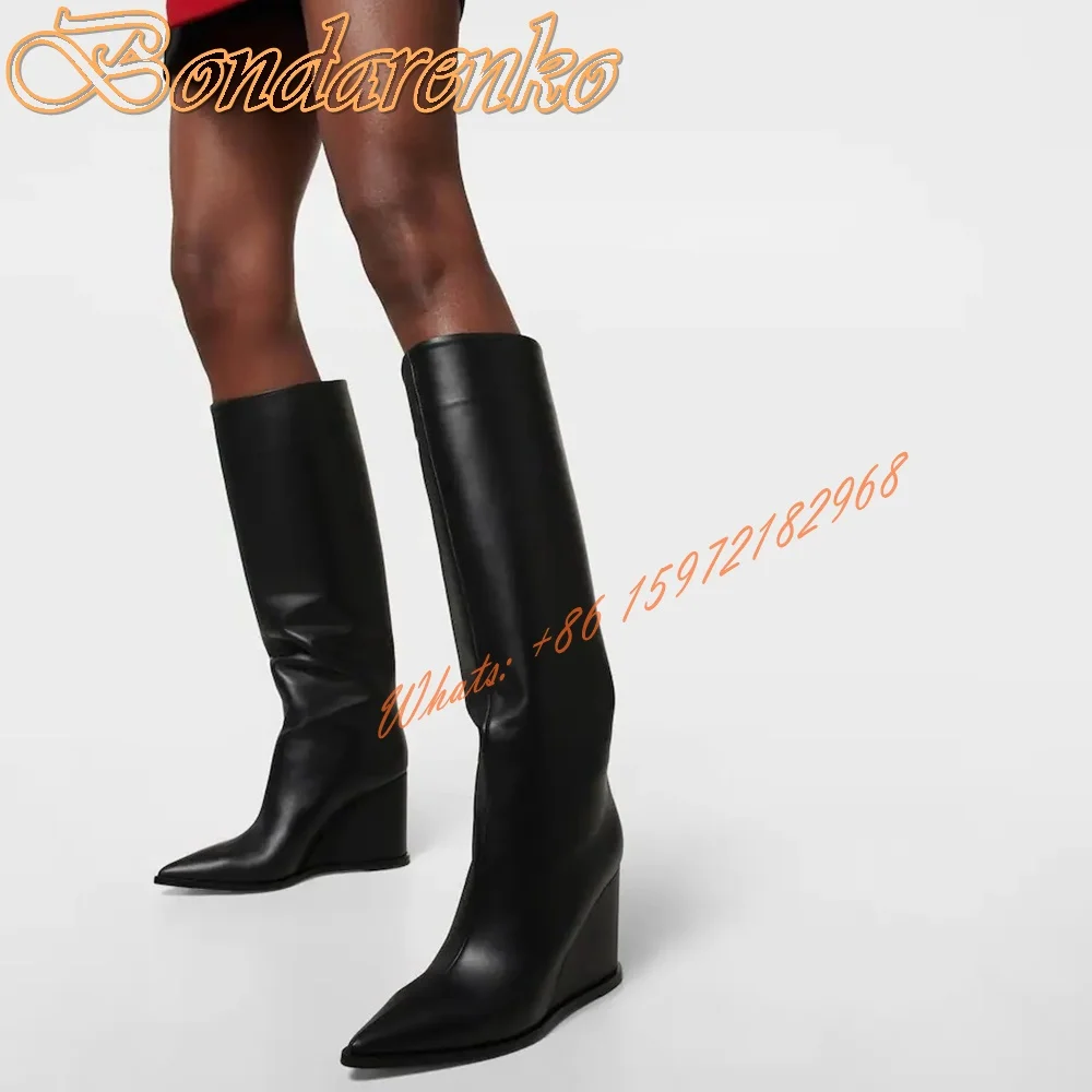 

Wedges Pointy Toe Black Boots Casual Women Shoes Real Leather Solid Knee High Boots Slip On Winter Party Dress Runway Shoes New