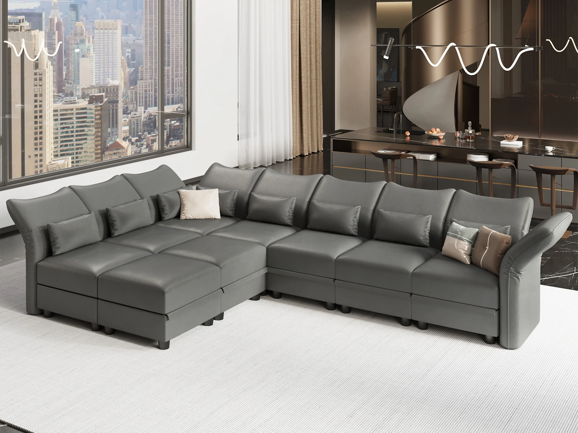 Large Modular Sectional 9 Seat Sleeper Sofa with Storage, Faux Leather Waterproof Sectional Couch for Living Room, Grey