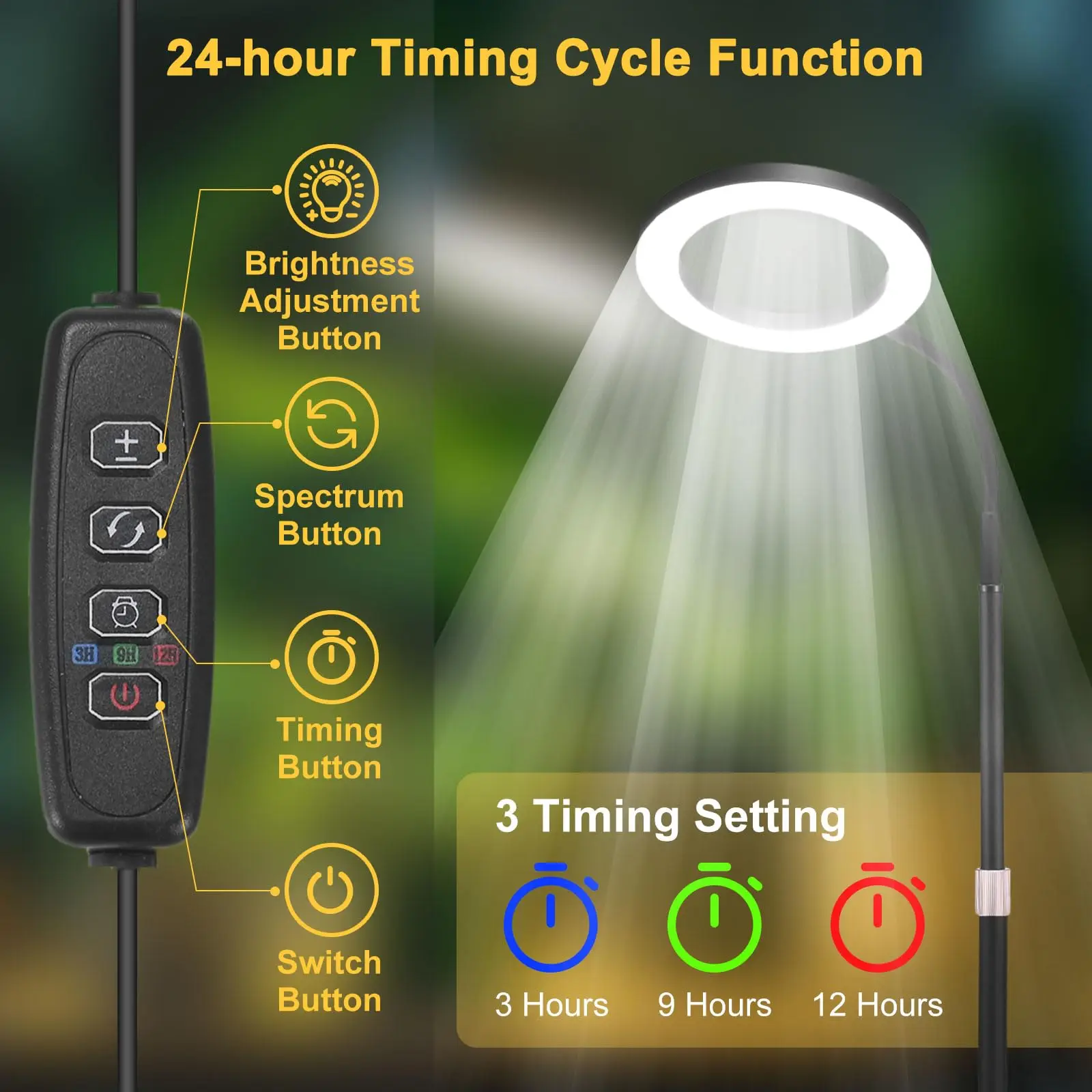 أضواء النمو للنباتات الداخلية، 10 مستويات عكس الضوء ومصباح نمو مرن معقوفة مع قاعدة، ارتفاع قابل للتعديل 13.7-24.2 بوصة