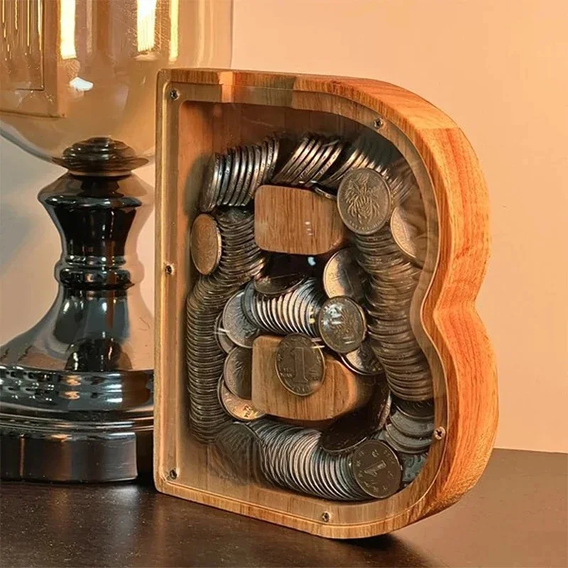 Tirelire anglaise 26 lettres, boîte d'économie d'argent en bois, pot de pièces de monnaie, boîte de rangement, ornement de bureau, décoration de maison, artisanat, cadeau de noël