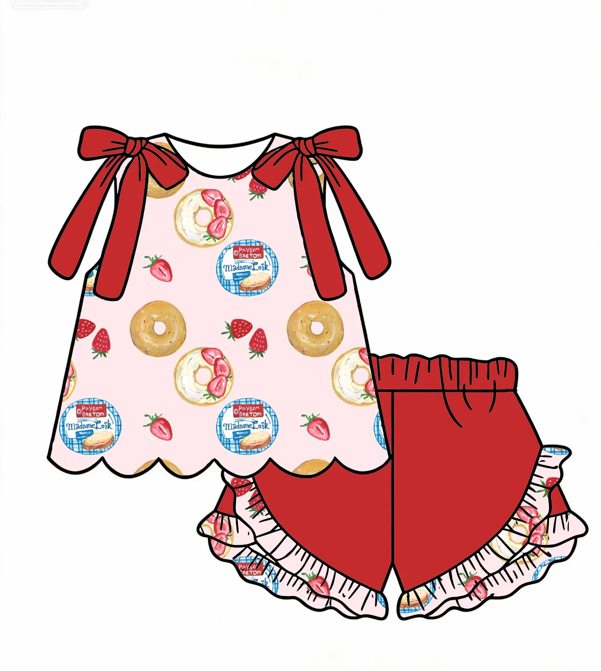 Boutique children's dress fan-shaped skirt and bow decoration sleeveless top pair with ruffled shorts cake flowers print custom