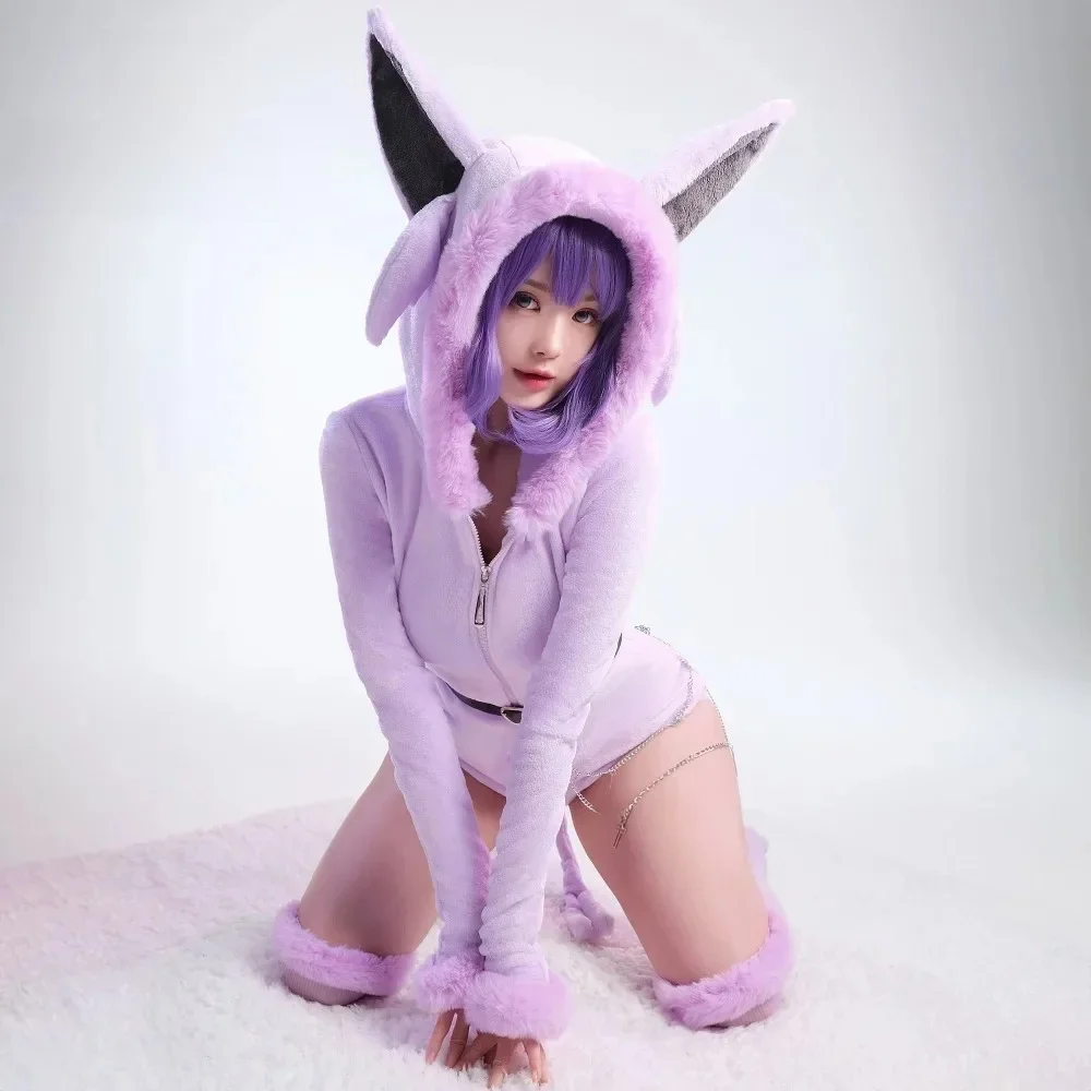 MOBBUNNY Espeon Cosplay Kostüm Frauen Kapuzen Body Schwanz Socken Anzug Niedlichen Cartoon Flanell Pyjamas Bunny Girl Plüsch Overall