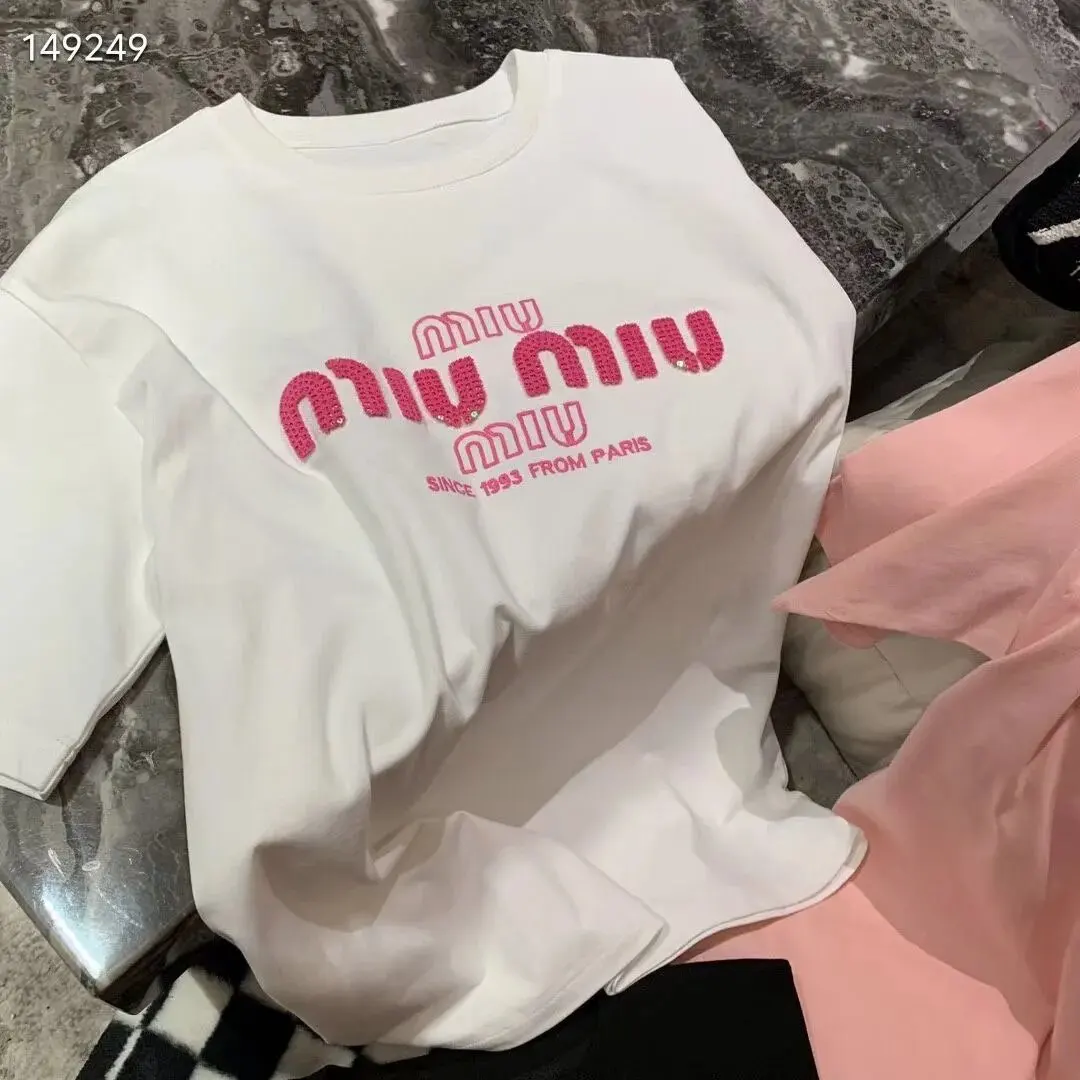 miumiu 2025 new hot sale spring new letter short sleeve T-shirt loose fashion blouse casual round neck women t shirt