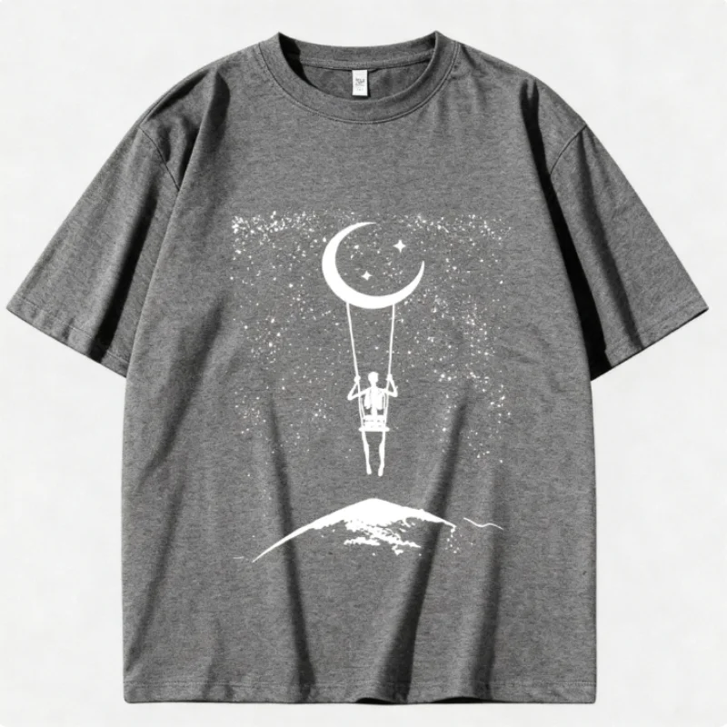 T-shirt manches courtes unisexe, 100% coton, imprimé Swing céleste, surdimensionné, motif créatif de lune et d'étoile, usage quotidien, tendance