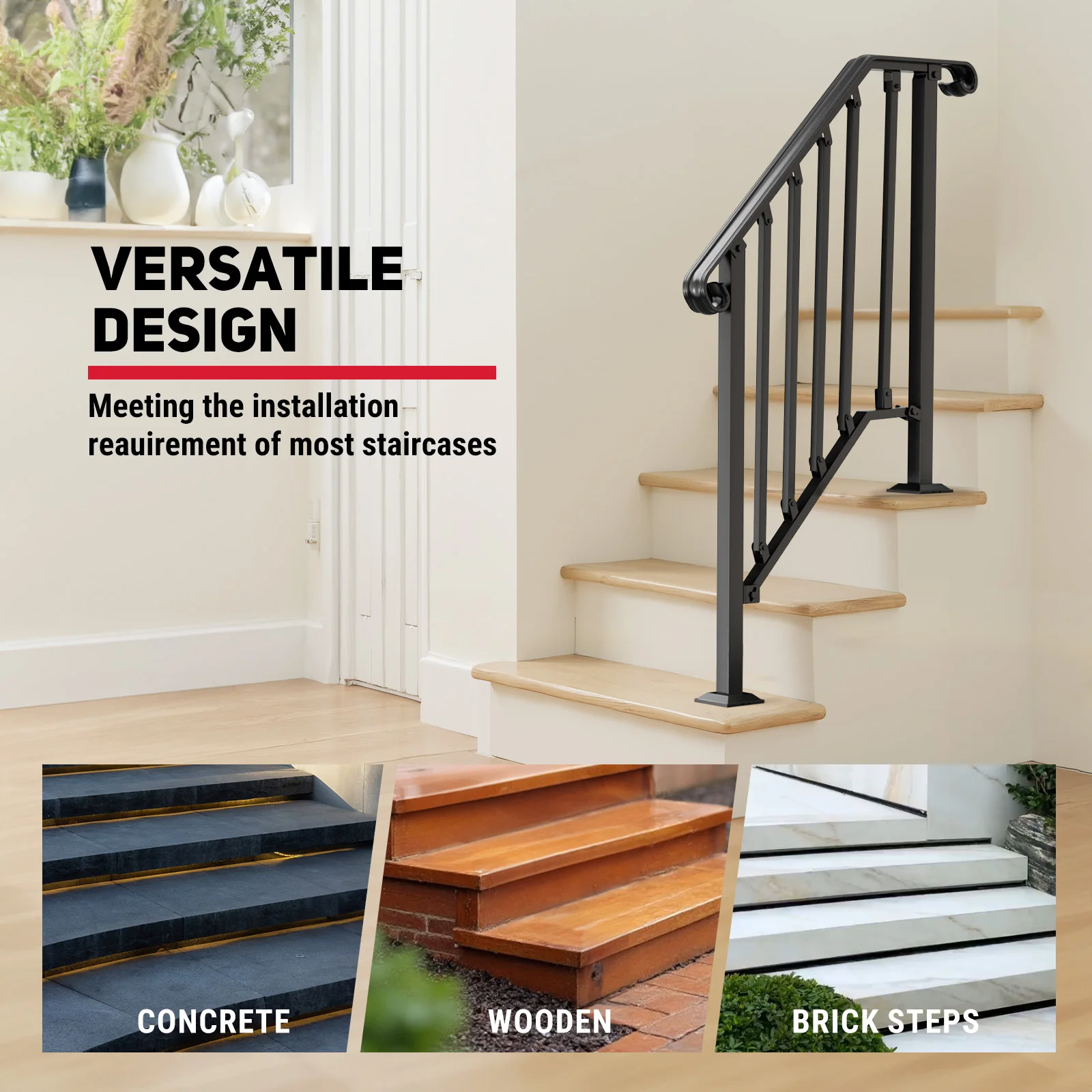 Outdoor Staircase Handrails Aluminum Outdoor Stair Railing Handrail Fits 2-3 Steps with Screw Kit for Home - view 3
