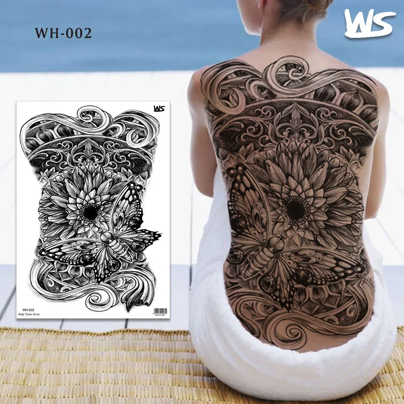 Tatuaje temporal de henna negra falsa para mujer, tatuaje grande para espalda, arte corporal, mandala, loto, pegatina de tatuaje, dragón, serpiente, tatuaje sexy para hombre y mujer
