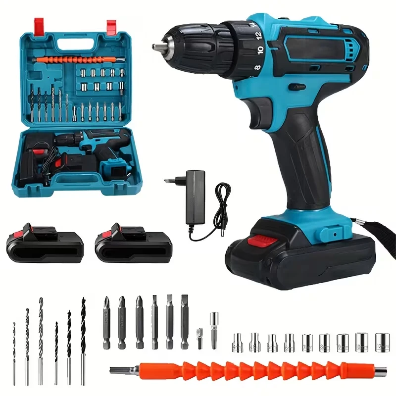 Perceuse à main sans fil 21V, tournevis électrique, Kit d'outils avec boîte à outils et accessoires pour le bricolage à domicile