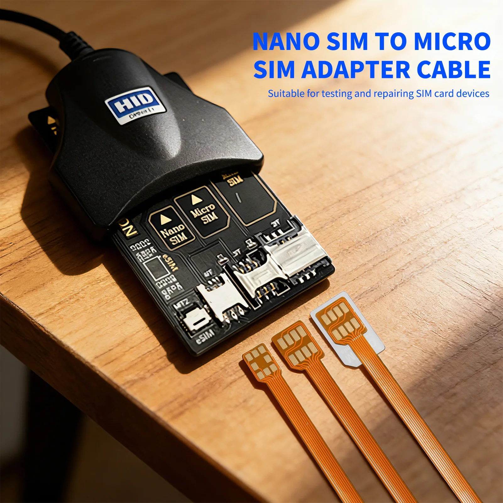 

SIM-to-SIM male-to-male adapter for 3FF micro, 2FF standard, and 4FF nano SIM cards—Flexible Printed Circuit (FPC) extension ca
