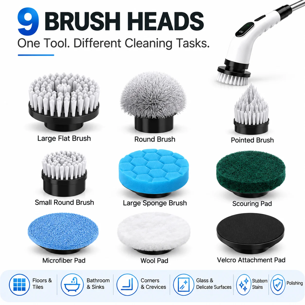 Cordless Electric Spin Scrubber, 9-in-1 Power Cleaning Brush with Long Handle and Multiple Brush Heads for Bathroom Kitchen Floor