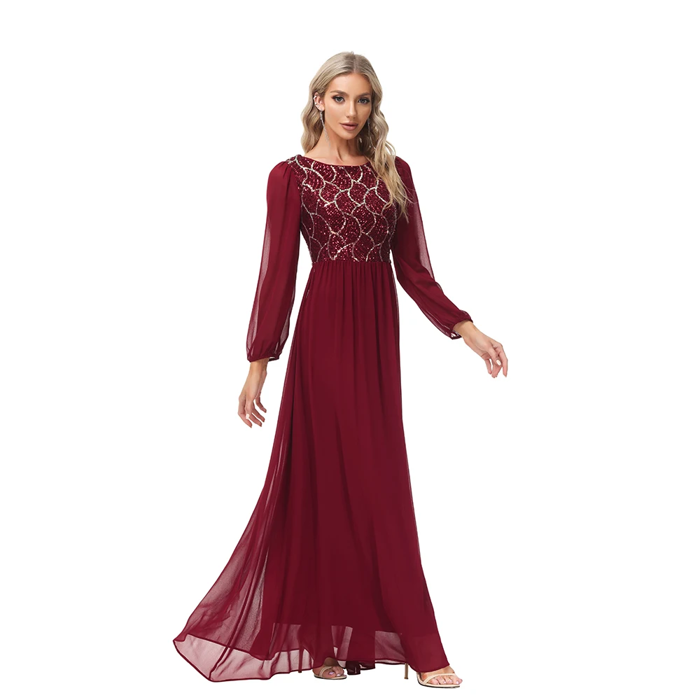 Long-sleeve Chiffon Sequins Cocktail Dress A-line O-neck Evening Robe Elagant Women Party Prom Gowns XUCTHHC 2022 New Dresses