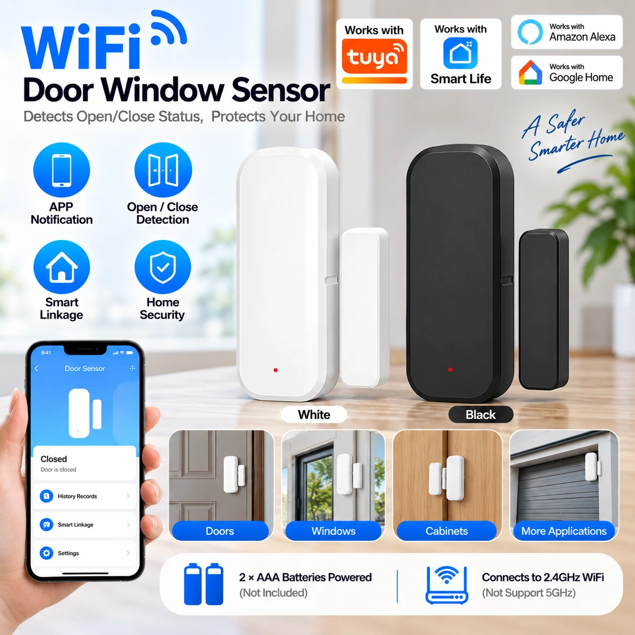 WiFi Door Sensor Smart Home Open Close Detector Smartlife App Control Notification Compatible with Tuya Smart Alexa Google Home