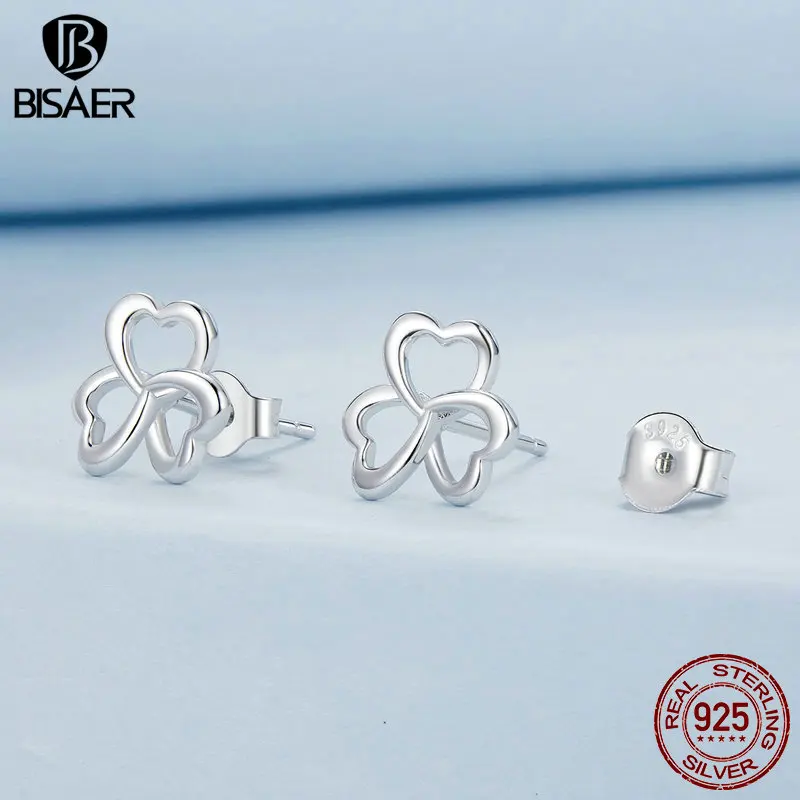 BISAER 925 Sterling Silver Hollow Clover Stud Earrings Three Leaf Lucky Earrings Plated White Gold For Women Party Fine Jewelry