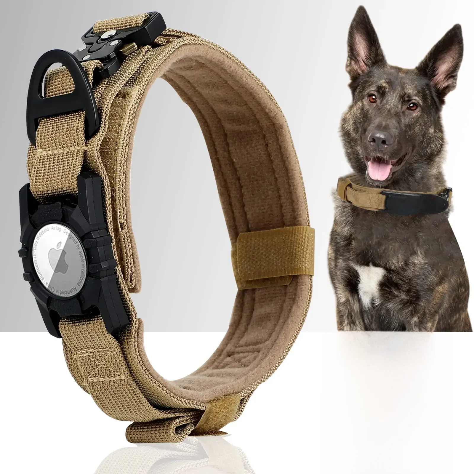 Collier tactique pour chien AirTag, avec support AirTag et poignée, boucle en métal pour chien militaire, collier GPS réglable pour chiens de taille moyenne et grande