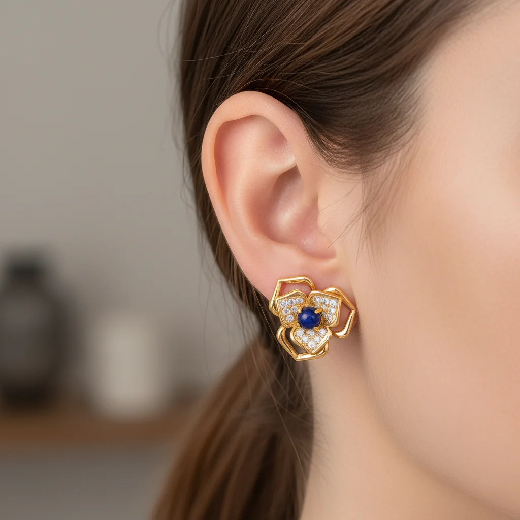 Luxury Gold Color Floral Earrings - Blue Stone & Sparkly Zircon Studs for Women, Party & Daily Wear Birthday Ear Charm