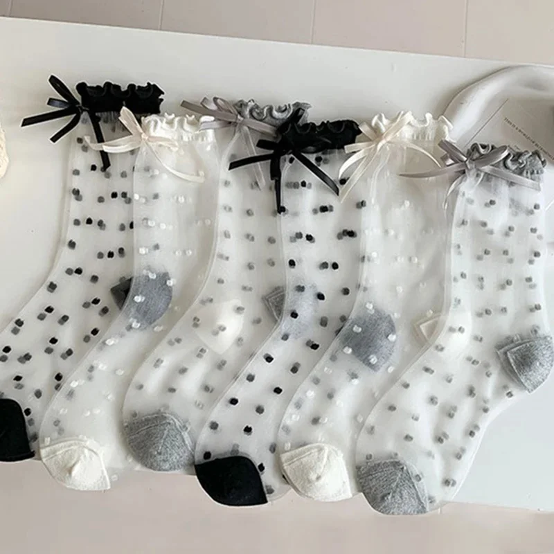 Lolita – chaussettes à nœud en dentelle pour filles, Ultra-fines, transparentes, en soie cristal, à pois, longues, élastiques, été