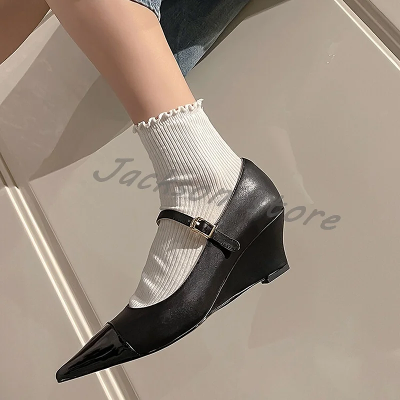 

Korean Style Mixed Colors Pointed Toe Wedge Heel Women Shoes Buckles Shallow High Heeled Mary Jane Shoes Lady Comfort Pumps